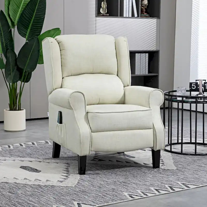 Sillón reclinable con orejero, tapizado en lino blanco, con masaje vibratorio, calor y reposapiés
