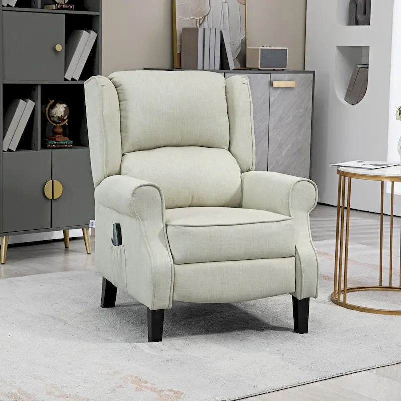Sillón reclinable con orejero, tapizado en lino blanco, con masaje vibratorio, calor y reposapiés