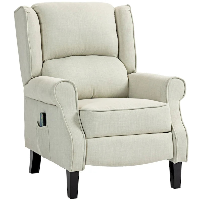 Sillón reclinable con orejero, tapizado en lino blanco, con masaje vibratorio, calor y reposapiés