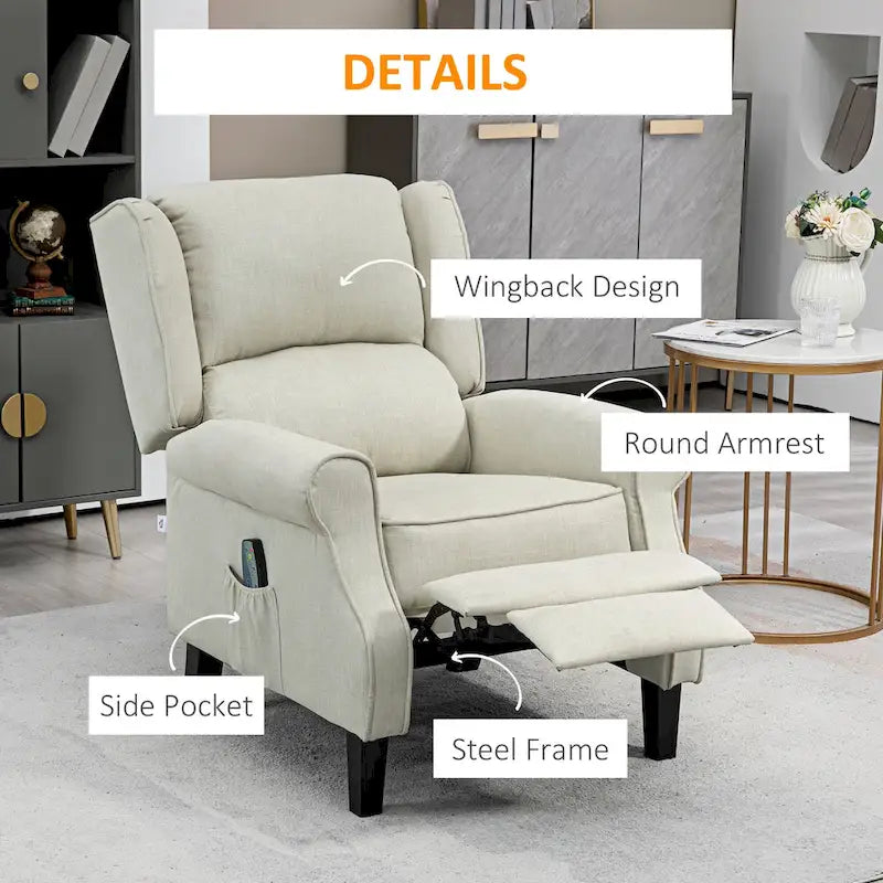 Sillón reclinable con orejero, tapizado en lino blanco, con masaje vibratorio, calor y reposapiés