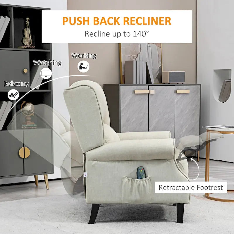 Sillón reclinable con orejero, tapizado en lino blanco, con masaje vibratorio, calor y reposapiés
