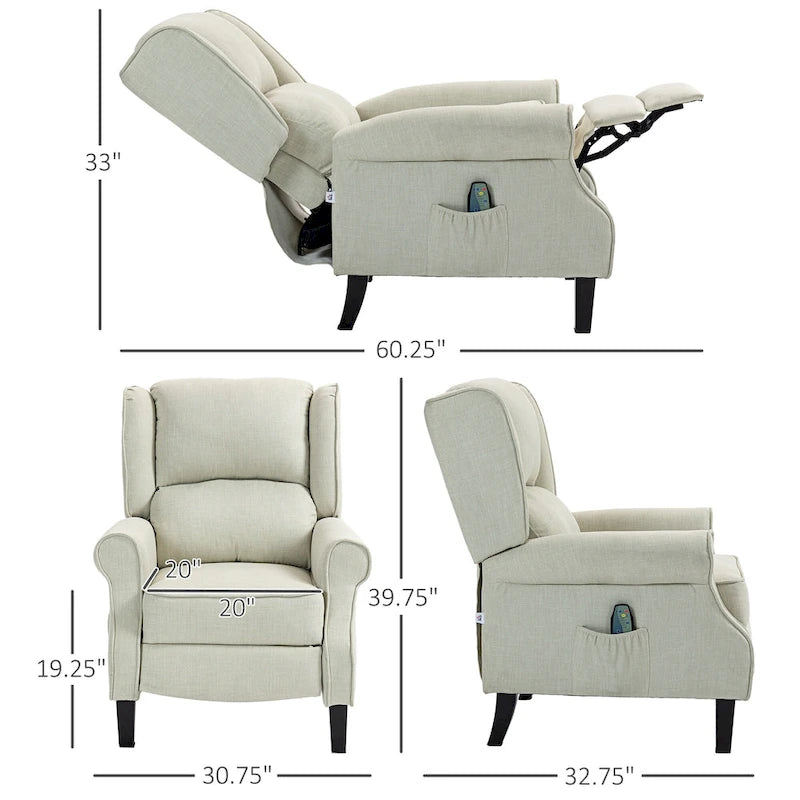 Sillón reclinable con orejero, tapizado en lino blanco, con masaje vibratorio, calor y reposapiés
