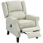 Sillón reclinable con orejero, tapizado en lino blanco, con masaje vibratorio, calor y reposapiés