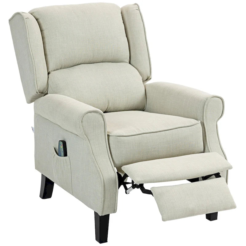 Sillón reclinable con orejero, tapizado en lino blanco, con masaje vibratorio, calor y reposapiés