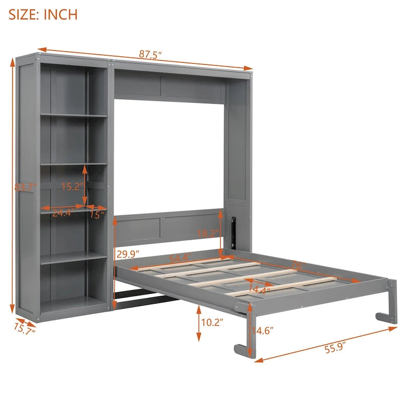 Cama Murphy de pared de tamaño completo con estantes
