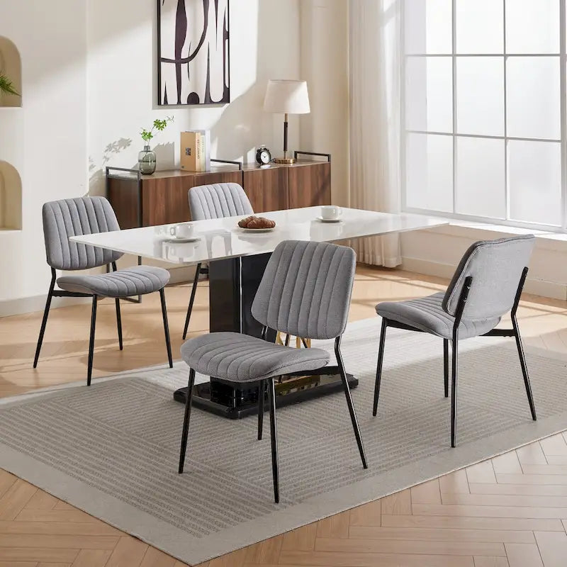 Juego de 2 sillas de comedor de lino con patas de metal, silla lateral curvada para sala de estar/comedor