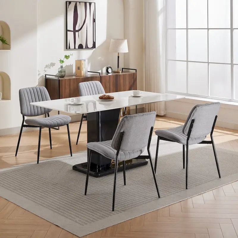 Juego de 2 sillas de comedor de lino con patas de metal, silla lateral curvada para sala de estar/comedor