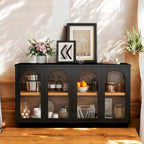 Armario aparador de almacenamiento grande de 4 puertas con puertas de vidrio, estantes ajustables y diseño arqueado para cocina, comedor