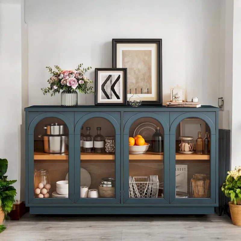 Armario aparador de almacenamiento grande de 4 puertas con puertas de vidrio, estantes ajustables y diseño arqueado para cocina, comedor