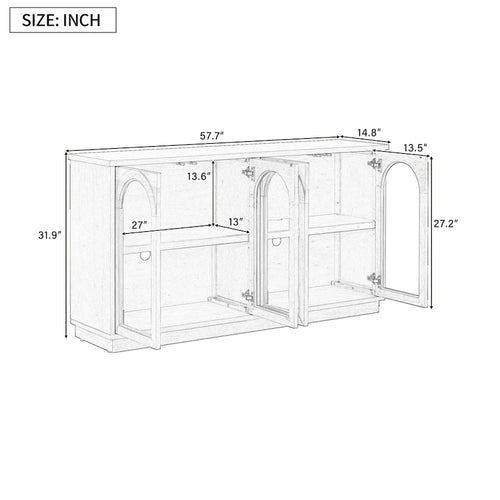 Armario aparador de almacenamiento grande de 4 puertas con puertas de vidrio, estantes ajustables y diseño arqueado para cocina, comedor