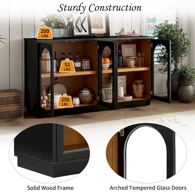 Armario aparador de almacenamiento grande de 4 puertas con puertas de vidrio, estantes ajustables y diseño arqueado para cocina, comedor