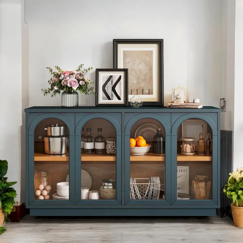 Armario aparador de almacenamiento grande de 4 puertas con puertas de vidrio, estantes ajustables y diseño arqueado para cocina, comedor