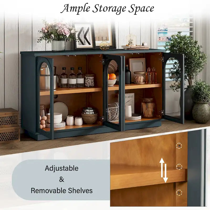 Armario aparador de almacenamiento grande de 4 puertas con puertas de vidrio, estantes ajustables y diseño arqueado para cocina, comedor