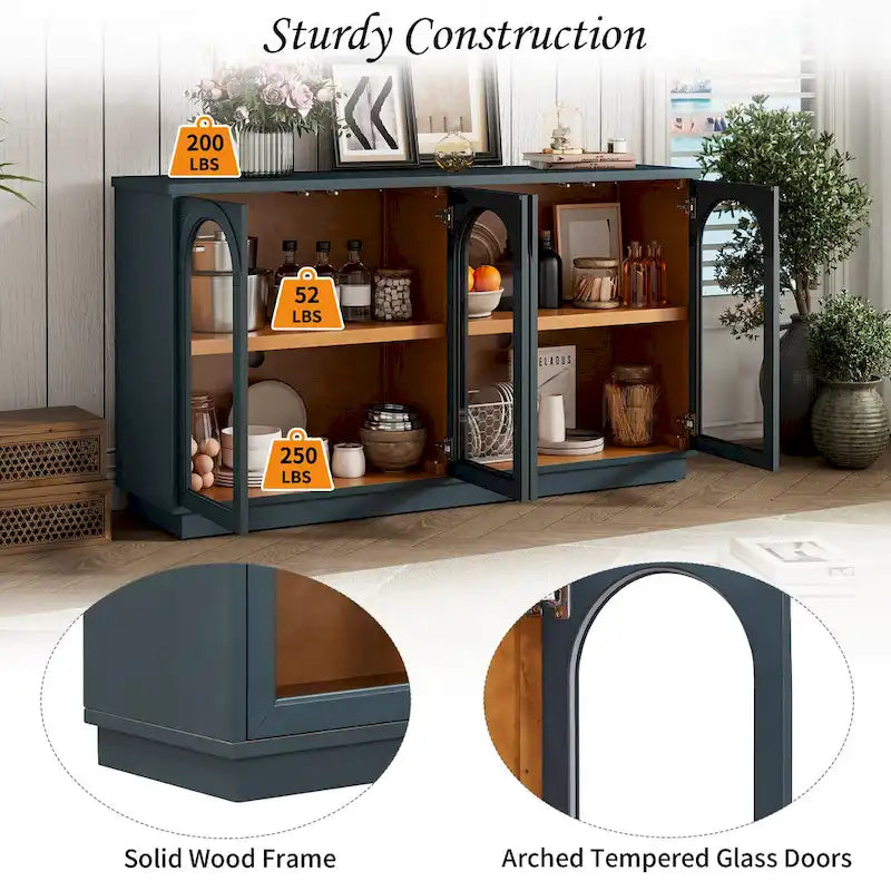 Armario aparador de almacenamiento grande de 4 puertas con puertas de vidrio, estantes ajustables y diseño arqueado para cocina, comedor