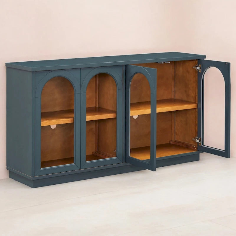Armario aparador de almacenamiento grande de 4 puertas con puertas de vidrio, estantes ajustables y diseño arqueado para cocina, comedor