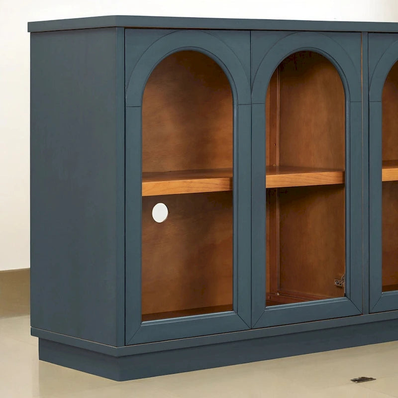Armario aparador de almacenamiento grande de 4 puertas con puertas de vidrio, estantes ajustables y diseño arqueado para cocina, comedor