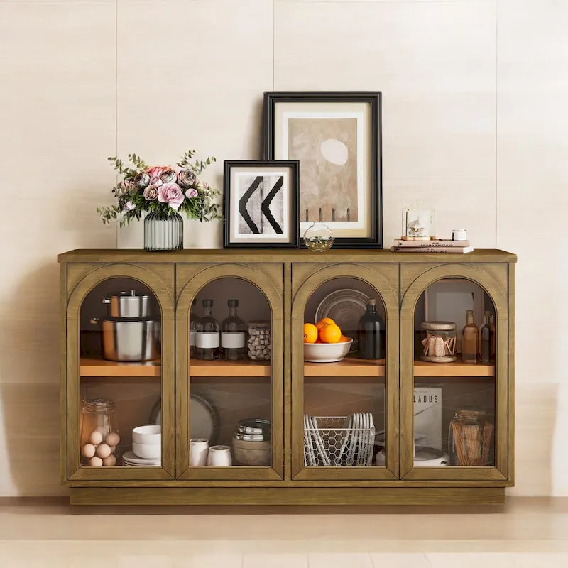 Armario aparador de almacenamiento grande de 4 puertas con puertas de vidrio, estantes ajustables y diseño arqueado para cocina, comedor