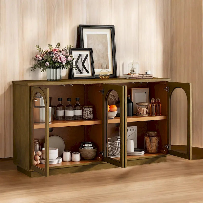 Armario aparador de almacenamiento grande de 4 puertas con puertas de vidrio, estantes ajustables y diseño arqueado para cocina, comedor