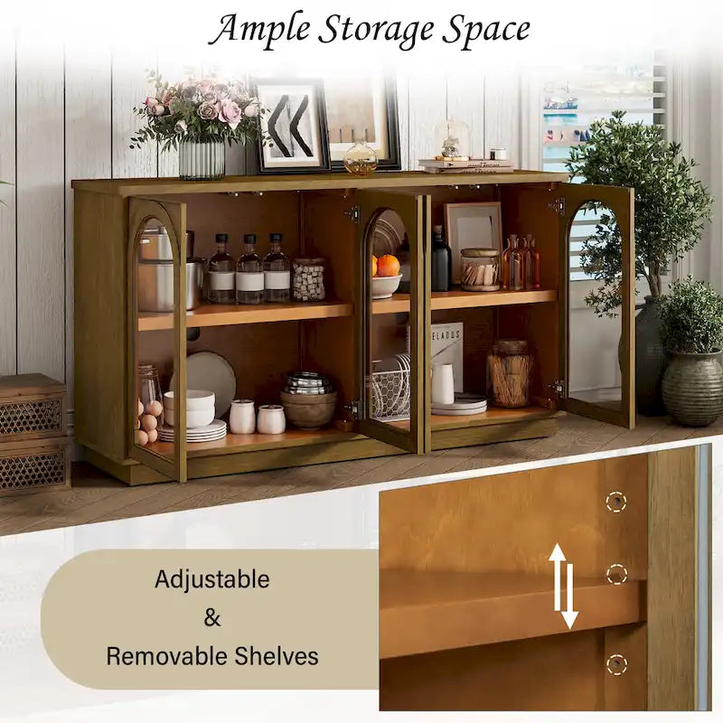 Armario aparador de almacenamiento grande de 4 puertas con puertas de vidrio, estantes ajustables y diseño arqueado para cocina, comedor