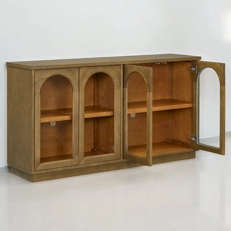 Armario aparador de almacenamiento grande de 4 puertas con puertas de vidrio, estantes ajustables y diseño arqueado para cocina, comedor