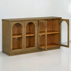Armario aparador de almacenamiento grande de 4 puertas con puertas de vidrio, estantes ajustables y diseño arqueado para cocina, comedor