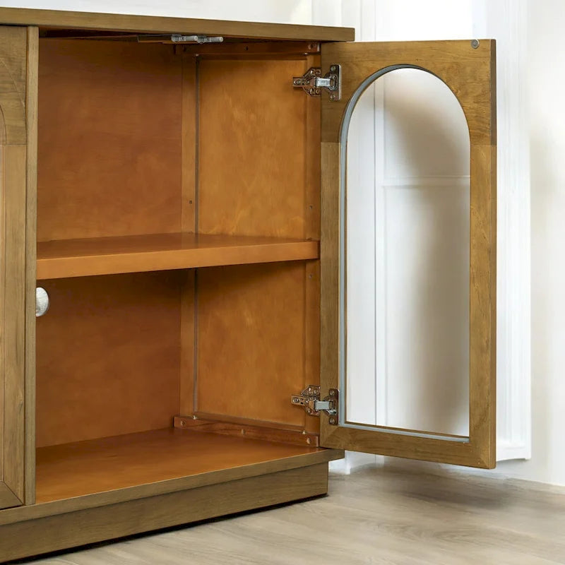Armario aparador de almacenamiento grande de 4 puertas con puertas de vidrio, estantes ajustables y diseño arqueado para cocina, comedor