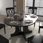 Mesa de comedor redonda moderna con tapa extensible y base en X para cenas familiares, espacios pequeños y estilismo multiambiente
