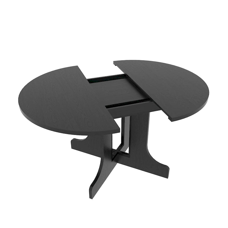 Mesa de comedor redonda moderna con tapa extensible y base en X para cenas familiares, espacios pequeños y estilismo multiambiente