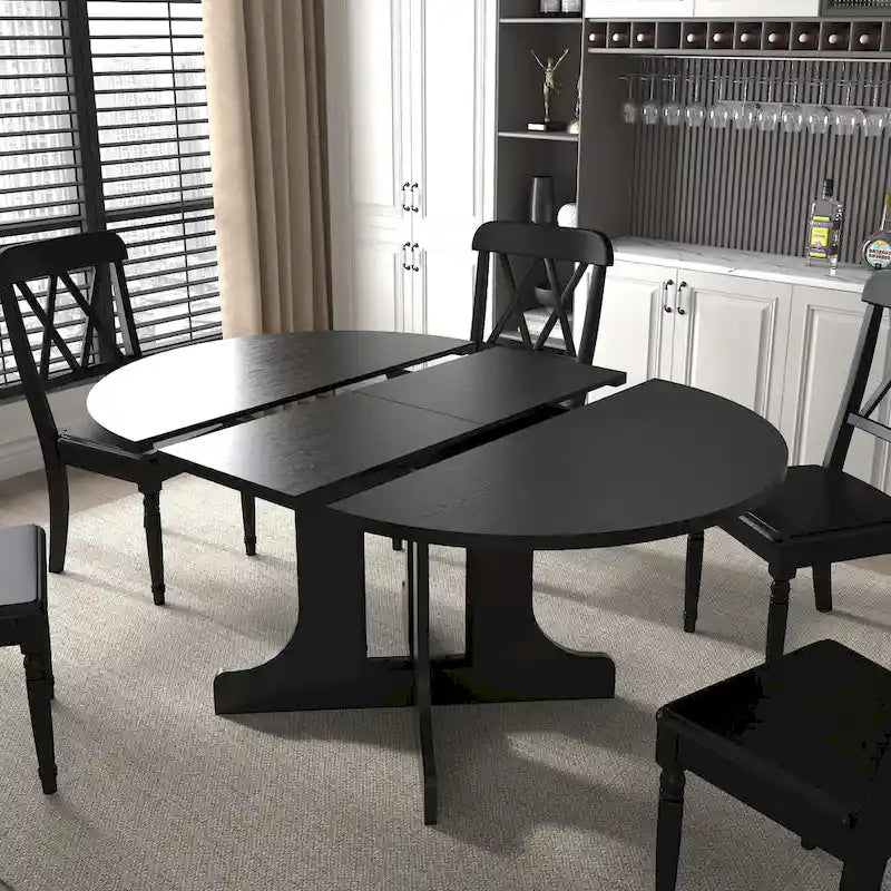 Mesa de comedor redonda moderna con tapa extensible y base en X para cenas familiares, espacios pequeños y estilismo multiambiente