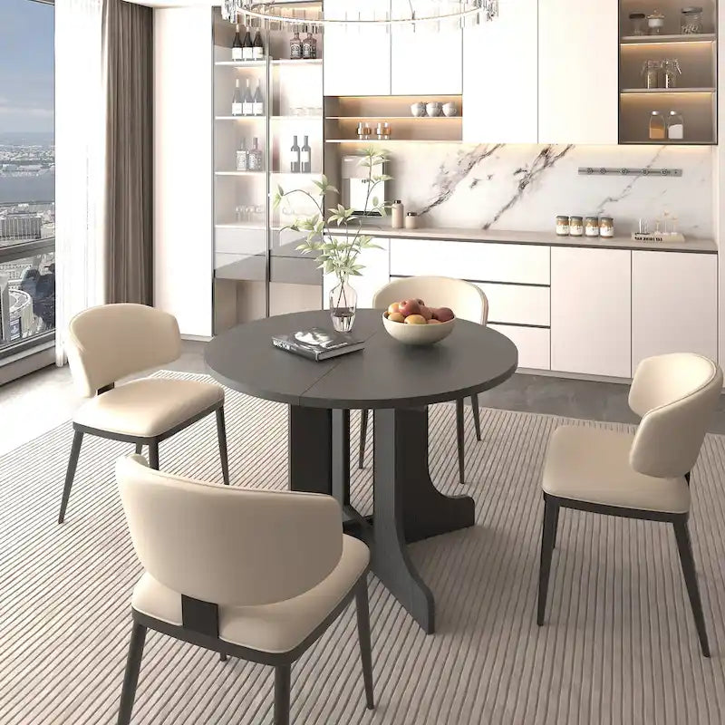 Mesa de comedor redonda moderna con tapa extensible y base en X para cenas familiares, espacios pequeños y estilismo multiambiente