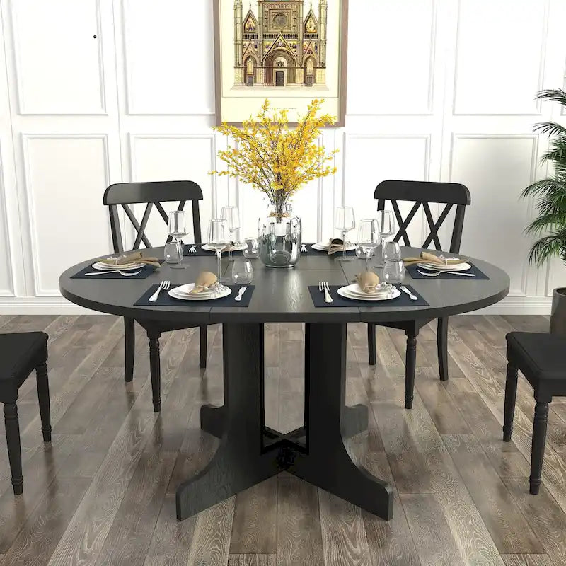 Mesa de comedor redonda moderna con tapa extensible y base en X para cenas familiares, espacios pequeños y estilismo multiambiente