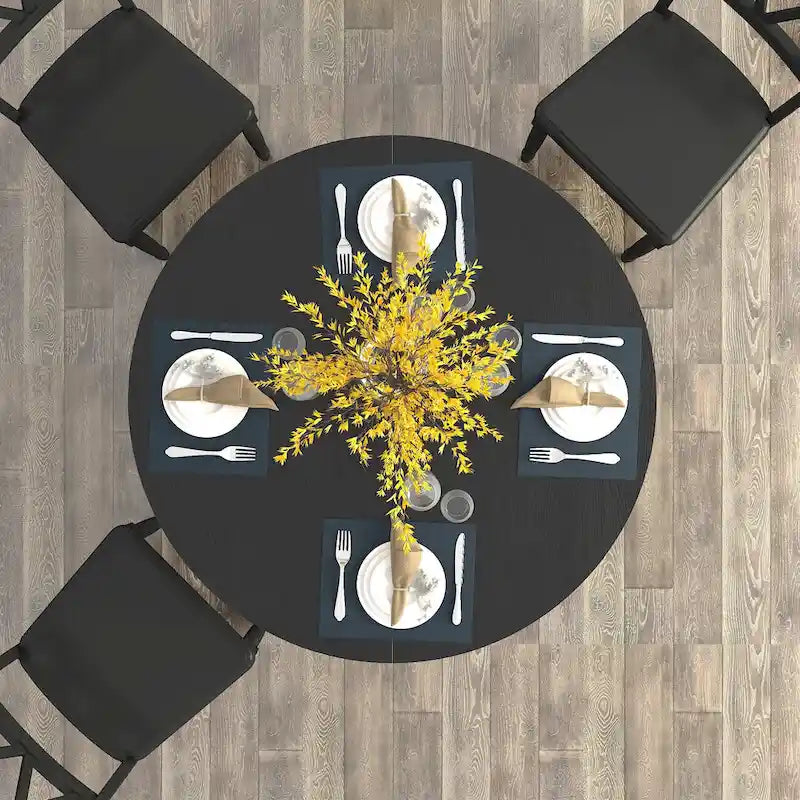 Mesa de comedor redonda moderna con tapa extensible y base en X para cenas familiares, espacios pequeños y estilismo multiambiente