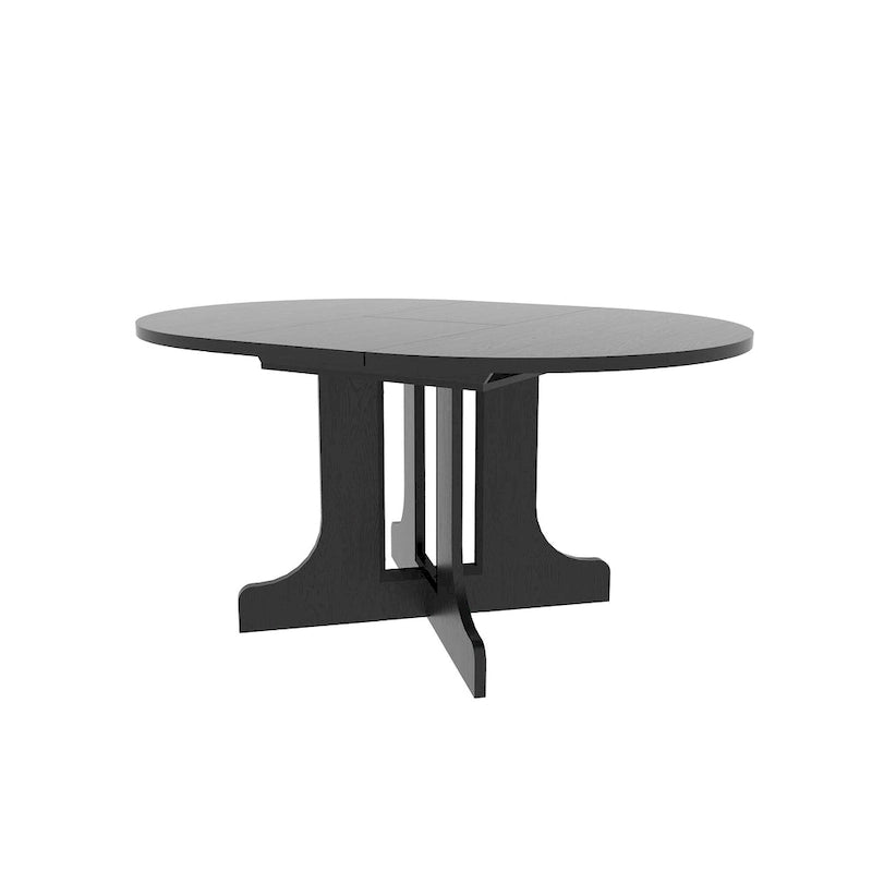 Mesa de comedor redonda moderna con tapa extensible y base en X para cenas familiares, espacios pequeños y estilismo multiambiente