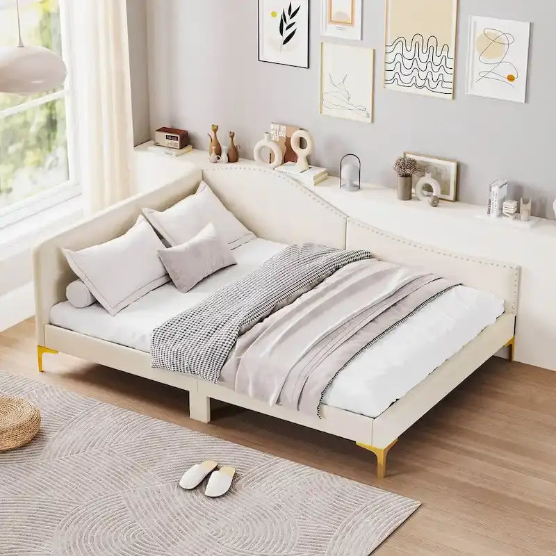Cama Nido Tapizada Twin/Full con Remaches y Plataforma