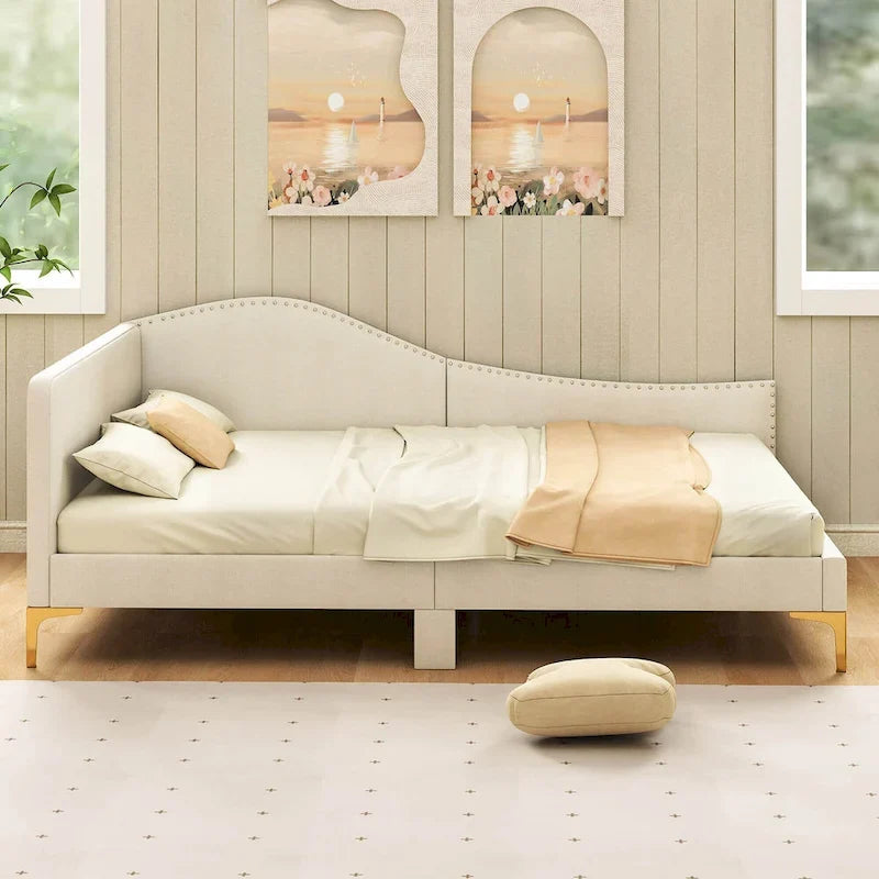 Cama Nido Tapizada Twin/Full con Remaches y Plataforma
