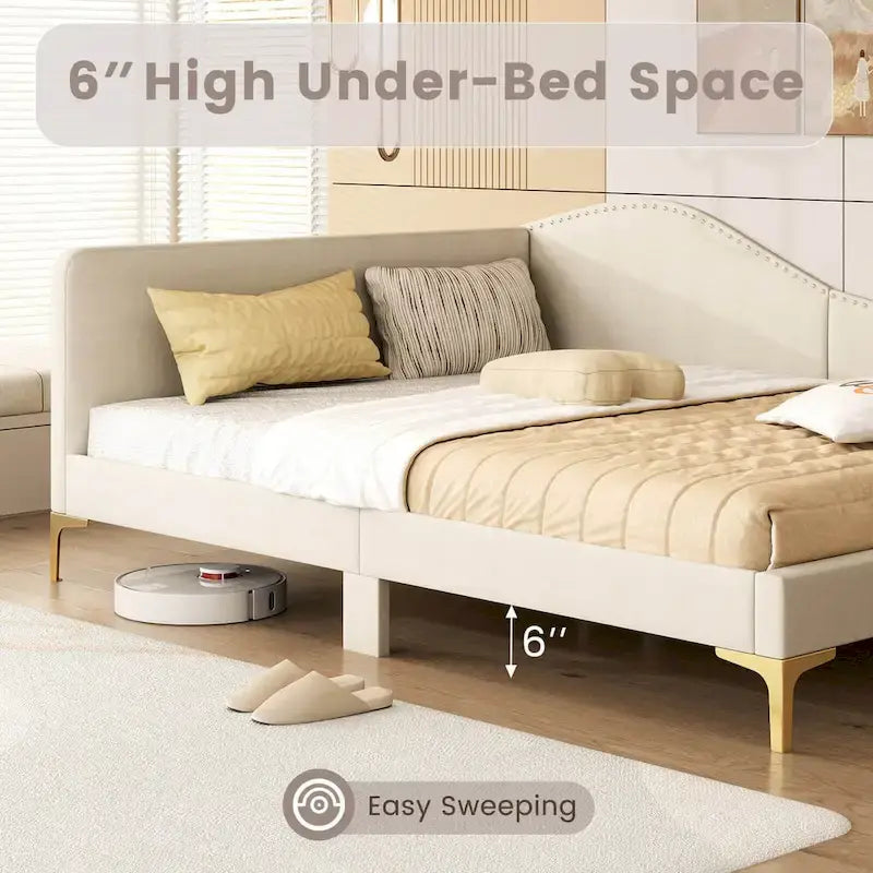 Cama Nido Tapizada Twin/Full con Remaches y Plataforma