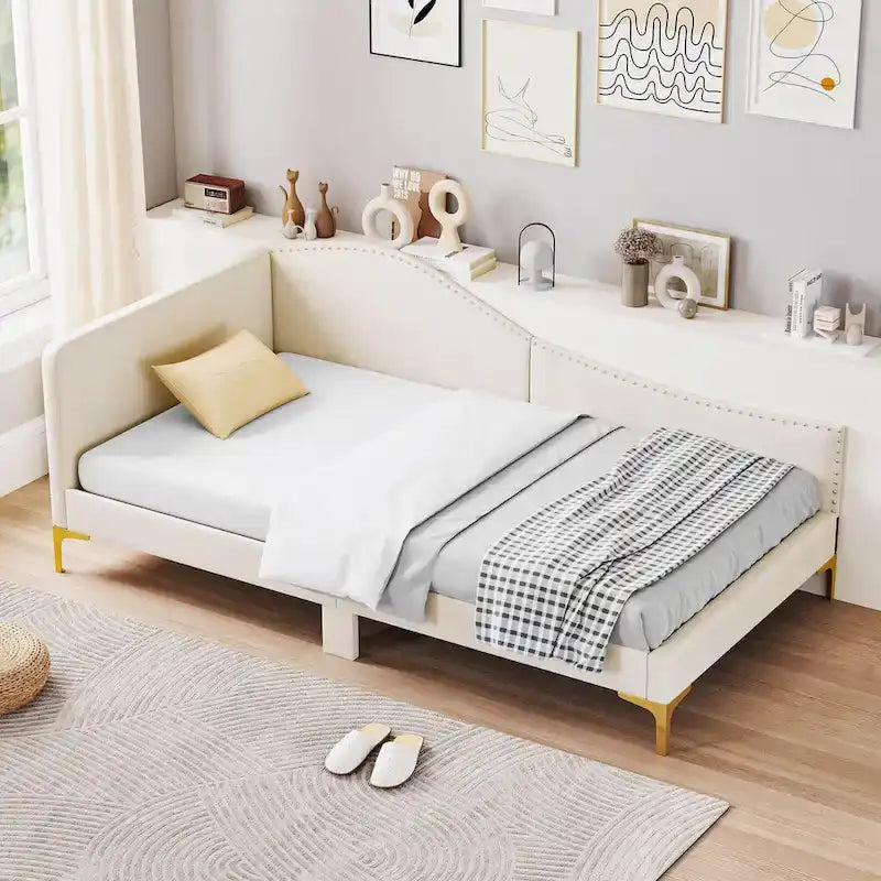 Cama Nido Tapizada Twin/Full con Remaches y Plataforma