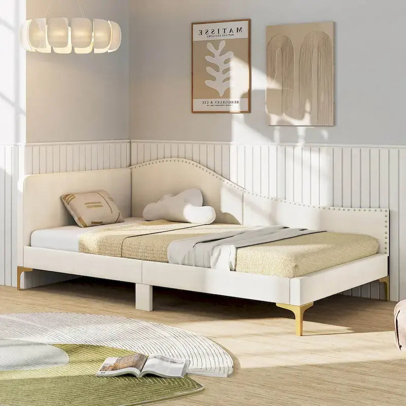 Cama Nido Tapizada Twin/Full con Remaches y Plataforma