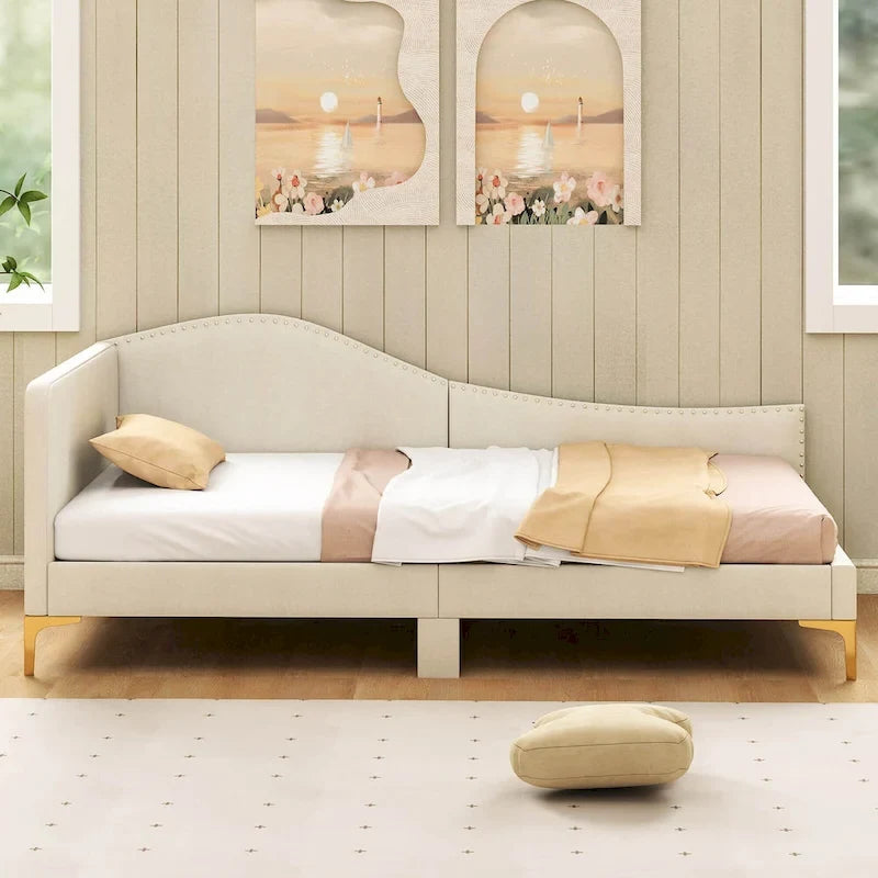 Cama Nido Tapizada Twin/Full con Remaches y Plataforma