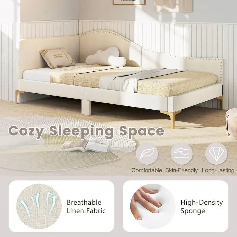 Cama Nido Tapizada Twin/Full con Remaches y Plataforma