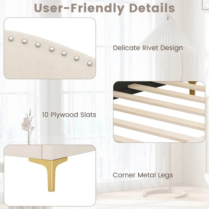 Cama Nido Tapizada Twin/Full con Remaches y Plataforma