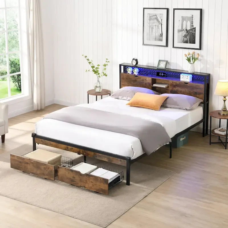 Cama de Plataforma King Size de Metal con Cabecero de Madera, Cajones y Luces LED