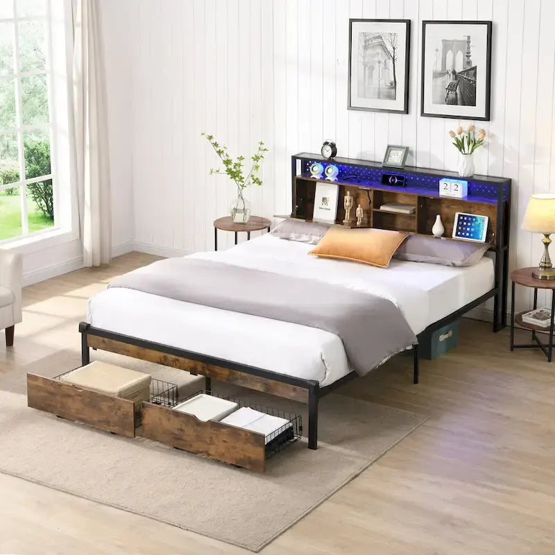 Cama de Plataforma King Size de Metal con Cabecero de Madera, Cajones y Luces LED