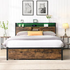 Cama de Plataforma King Size de Metal con Cabecero de Madera, Cajones y Luces LED