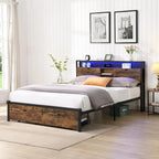 Cama de Plataforma King Size de Metal con Cabecero de Madera, Cajones y Luces LED