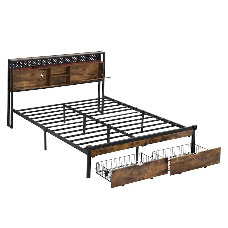 Cama de Plataforma King Size de Metal con Cabecero de Madera, Cajones y Luces LED