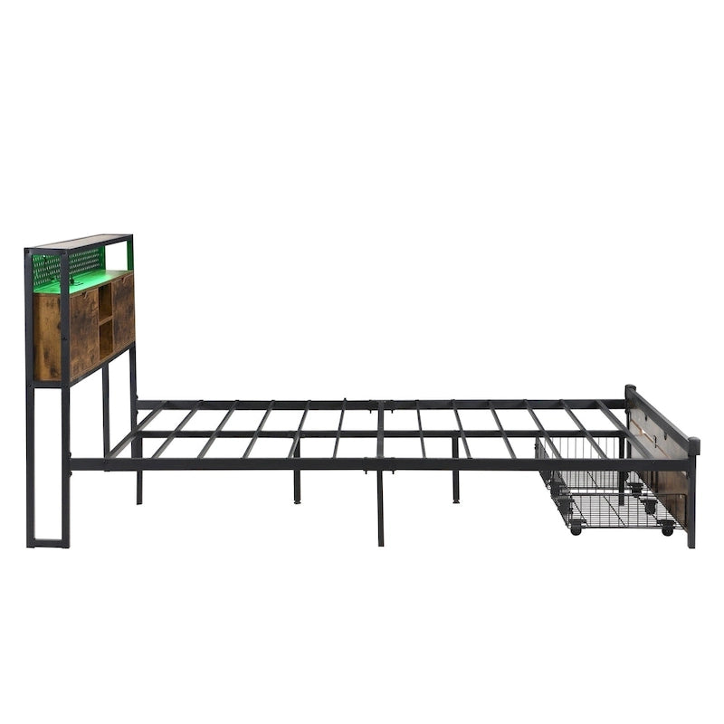 Cama de Plataforma King Size de Metal con Cabecero de Madera, Cajones y Luces LED