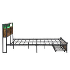 Cama de Plataforma King Size de Metal con Cabecero de Madera, Cajones y Luces LED