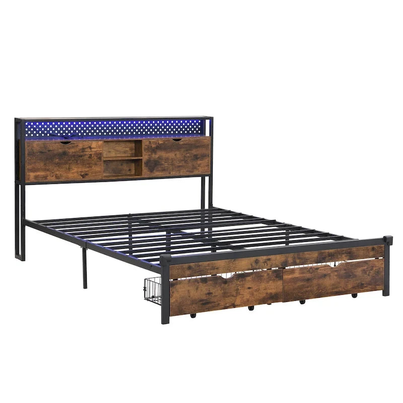 Cama de Plataforma King Size de Metal con Cabecero de Madera, Cajones y Luces LED