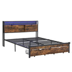Cama de Plataforma King Size de Metal con Cabecero de Madera, Cajones y Luces LED